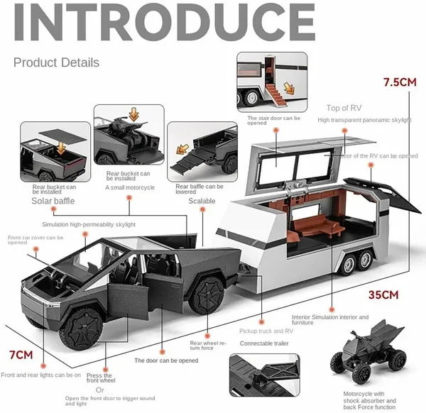 1:32_Scale_Tesla_Cyber_Truck_Trailer_Pull_Back_Toy_With_Sound_&_Light_For_Kids_(Green,_Pack_Of:_1)