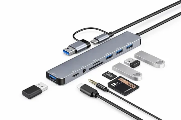 Port_8_Plus_8_In_1_Usb_Hub_Dual_Connector_Usb_3_0_And_Type_C_Sd_Tf_Card_Reader_3_5Mm_Aux_Jack_For_Laptops_And_Tablets