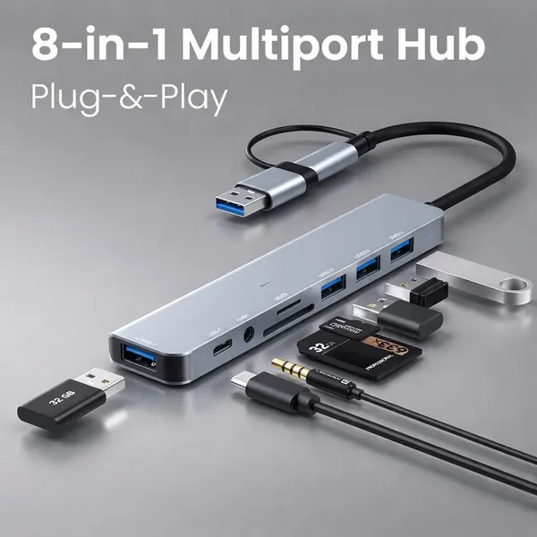 Port_8_Plus_8_In_1_Usb_Hub_Dual_Connector_Usb_3_0_And_Type_C_Sd_Tf_Card_Reader_3_5Mm_Aux_Jack_For_Laptops_And_Tablets