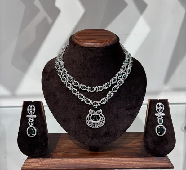 Elegant_Silver-Toned_American_Diamond_Necklace_Set_With_Emerald_Green_Accents