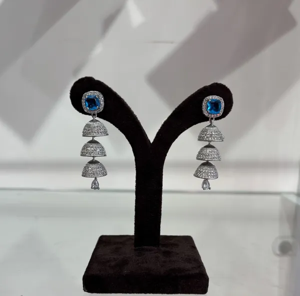 Elegant_Silver-Toned_Triple_Jhumka_Earrings_With_Blue_Stone_Studs