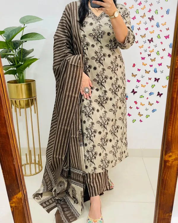 Premium_Bagru_Cotton_Suit_Set_Beige_Brown_Handblock_Floral_Print_Kurti_Pant_Striped_Dupatta