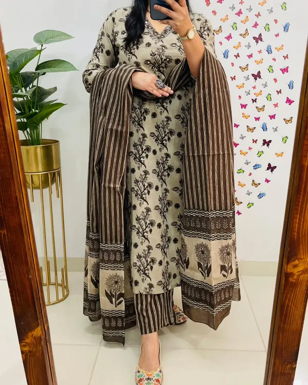 Premium_Bagru_Cotton_Suit_Set_Beige_Brown_Handblock_Floral_Print_Kurti_Pant_Striped_Dupatta