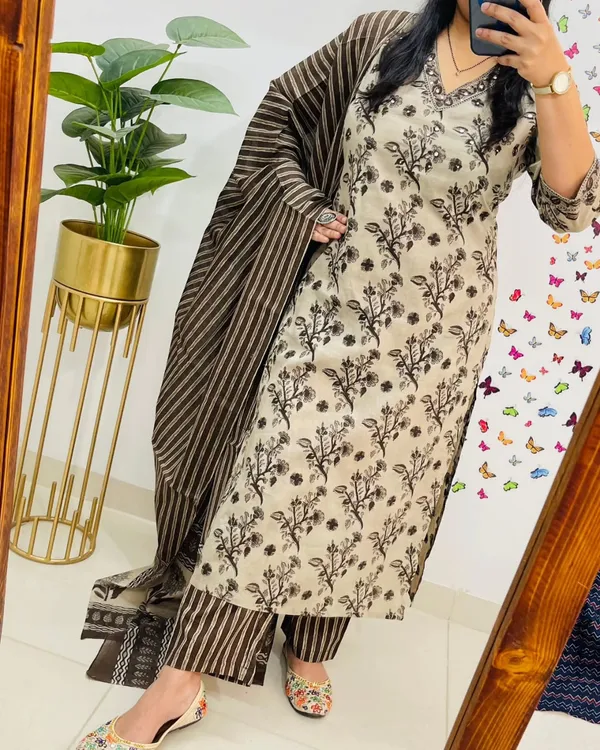 Premium_Bagru_Cotton_Suit_Set_Beige_Brown_Handblock_Floral_Print_Kurti_Pant_Striped_Dupatta