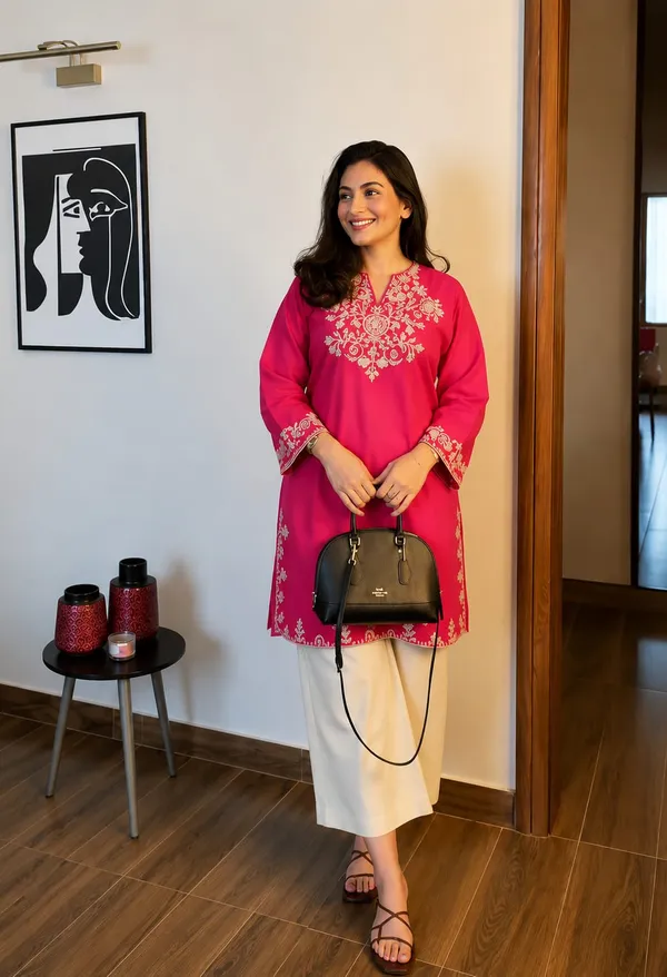 Raspberry_Pink_Embroidered_Kurti_with_Off-White_Straight_Pants
