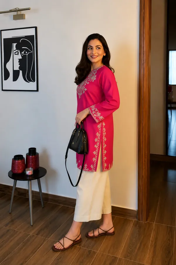 Raspberry_Pink_Embroidered_Kurti_with_Off-White_Straight_Pants