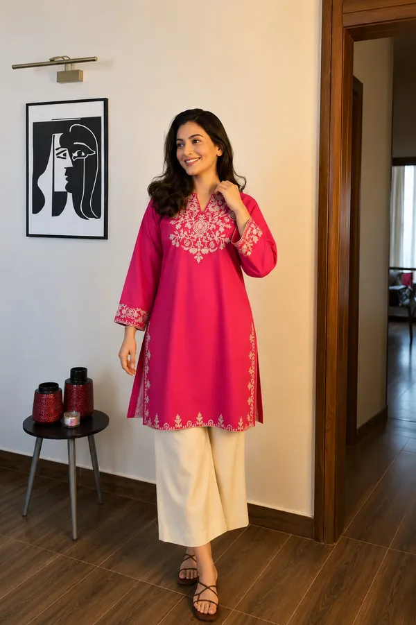 Raspberry_Pink_Embroidered_Kurti_with_Off-White_Straight_Pants
