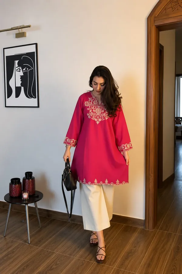 Raspberry_Pink_Embroidered_Kurti_with_Off-White_Straight_Pants