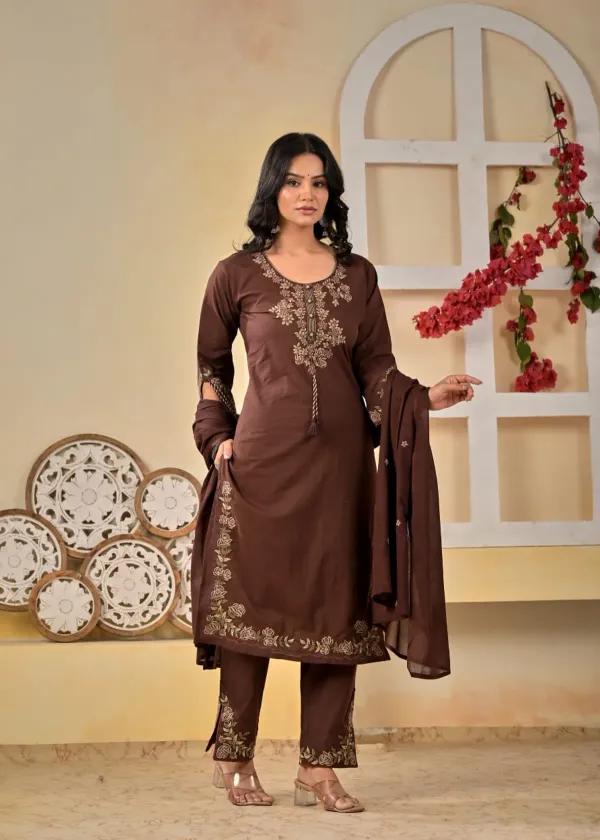 Cocoa_Brown_Embroidered_Cotton_Kurta_Set_with_Dupatta_|_Elegant_Women's_Ethnic_Wear