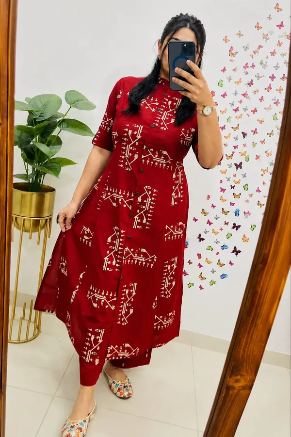 Crimson_Red_Tribal_Print_Button-Down_Kurta_Set