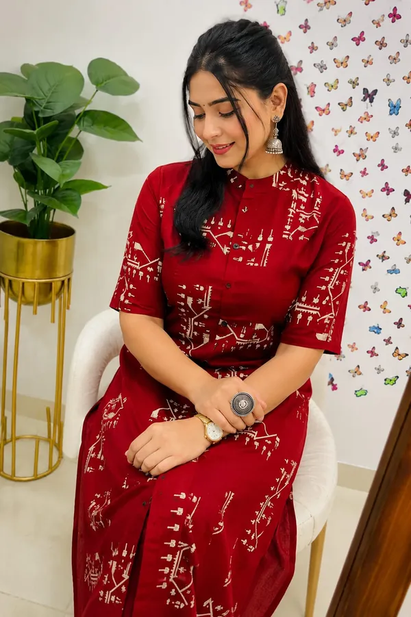 Crimson_Red_Tribal_Print_Button-Down_Kurta_Set