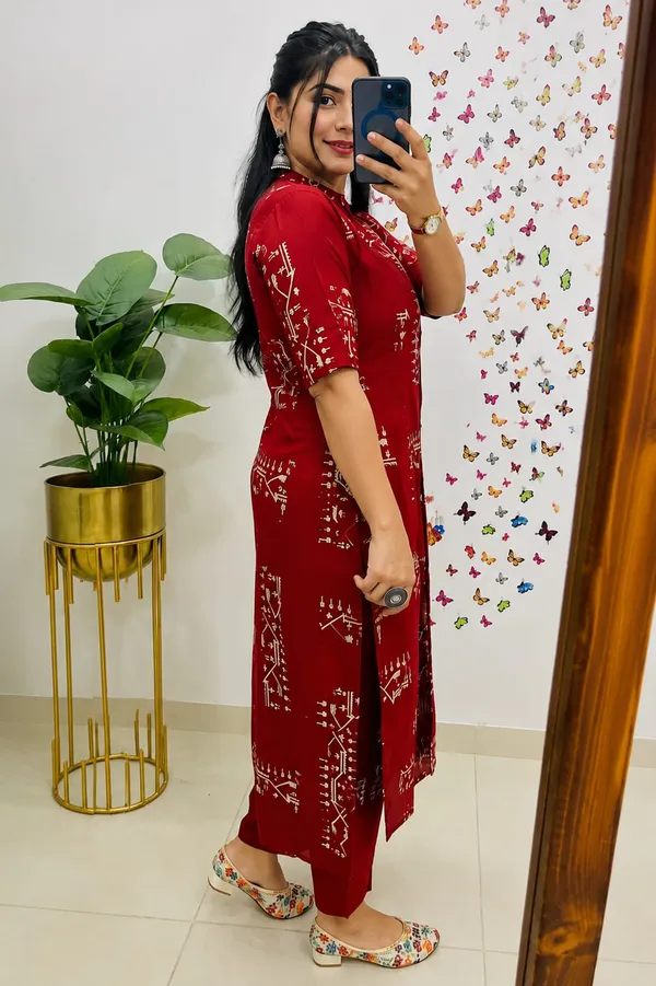 Crimson_Red_Tribal_Print_Button-Down_Kurta_Set