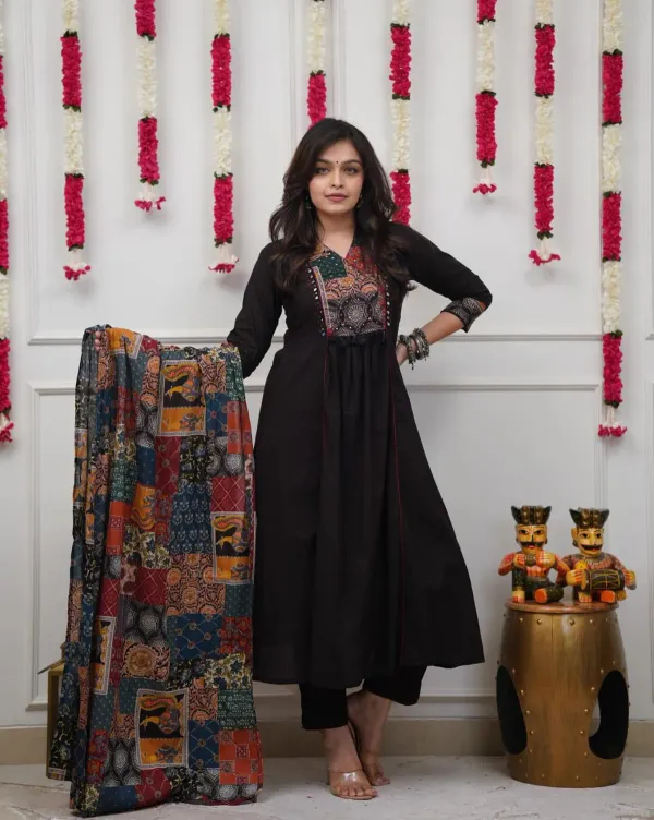 Midnight_Black_Printed_Anarkali_Kurta_Set_with_Designer_Patchwork_Dupatta_|_Women's_Ethnic_Cotton_Blend_3-Piece_Suit_Set