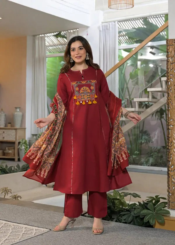 Royal_Maroon_Embroidered_Kurta_Set_with_Printed_Dupatta_|_Women's_Ethnic_Straight_Suit_Set