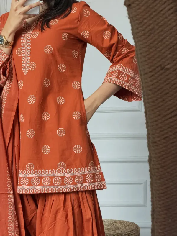 Rust_Orange_Hand_Block_Printed_Cotton_Kurta_Set_with_Palazzo_&_Dupatta_|_Ethnic_3-Piece_Suit_Set