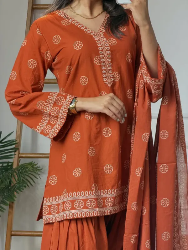 Rust_Orange_Hand_Block_Printed_Cotton_Kurta_Set_with_Palazzo_&_Dupatta_|_Ethnic_3-Piece_Suit_Set
