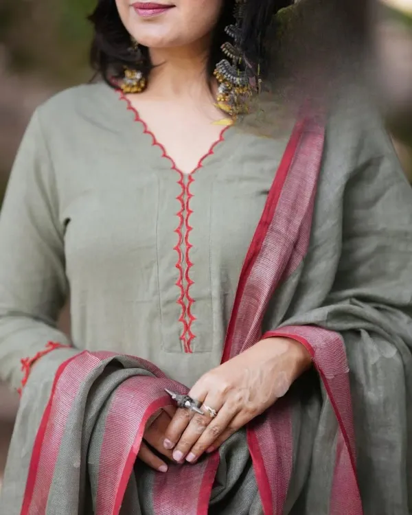 Sage_Grey_Cotton_Kurta_Set_with_Contrast_Red_Border_Dupatta_|_Straight_Fit_Ethnic_Wear_for_Women