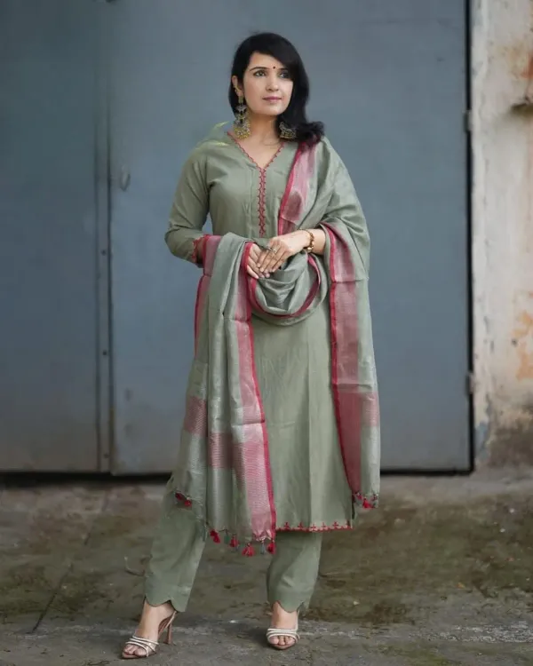 Sage_Grey_Cotton_Kurta_Set_with_Contrast_Red_Border_Dupatta_|_Straight_Fit_Ethnic_Wear_for_Women