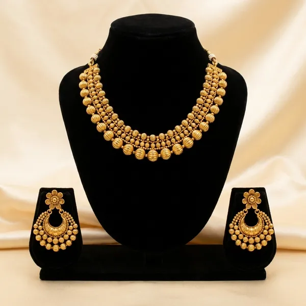 Traditional_Gold_Toned_Beaded_Choker_Necklace_Set_With_Matching_Earrings