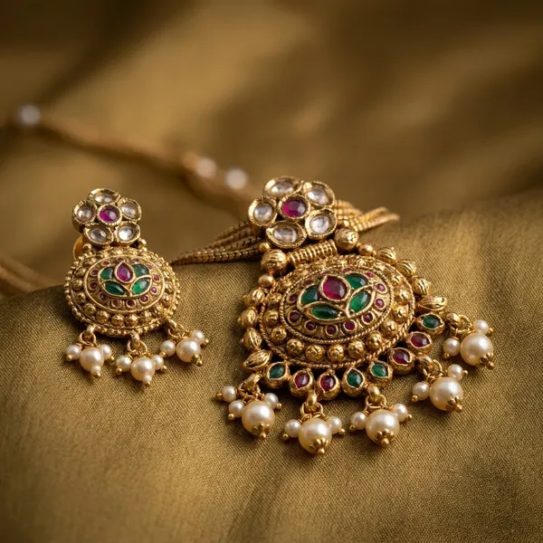Antique_Gold_Peacock_Motif_Necklace_With_Matching_Earrings