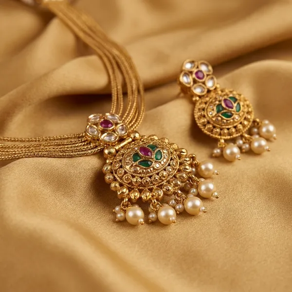 Antique_Gold_Peacock_Motif_Necklace_With_Matching_Earrings