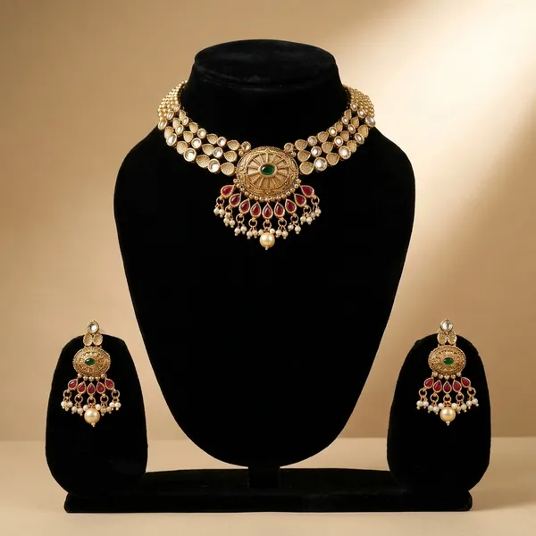 Traditional_Gold_Toned_Multi_Strand_Beaded_Necklace_Set_With_Ornate_Pendant_And_Earrings