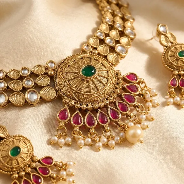 Traditional_Gold_Toned_Multi_Strand_Beaded_Necklace_Set_With_Ornate_Pendant_And_Earrings