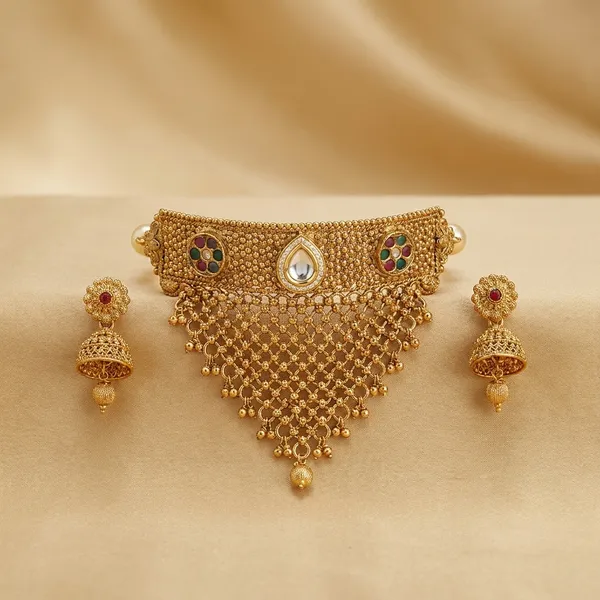 Traditional_Velvet_Choker_Necklace_With_Golden_Triangular_Mesh_Pendant