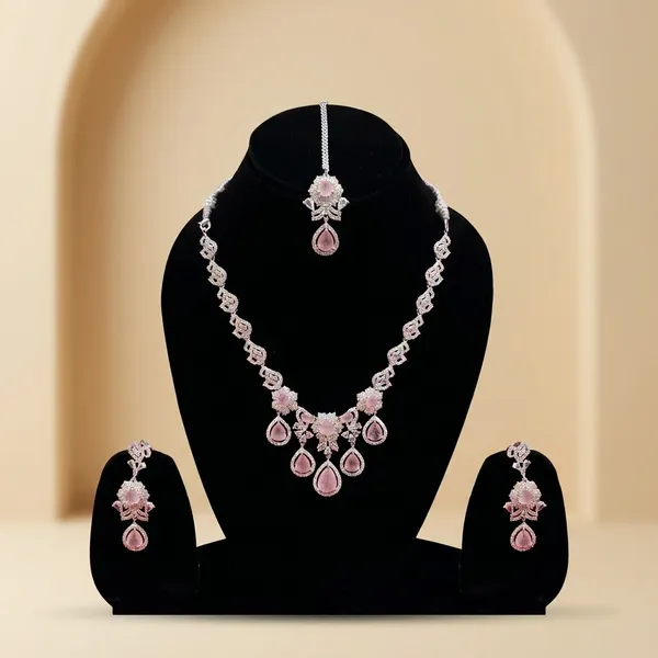 Silver_And_Pink_Stone_Jewelry_Set_Necklace_,_Earrings_And_Maang_Tikka