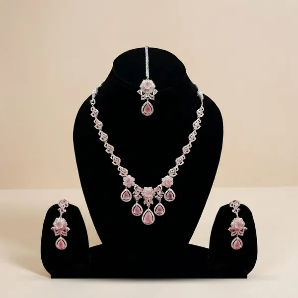 Silver_And_Pink_Stone_Jewelry_Set_Necklace_,_Earrings_And_Maang_Tikka