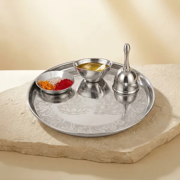 Divine_Pooja_Thali_4_Piece_Set_Stainless_Steel_Plate_Bell_Diya_&_Prasad/Roli_Plate_With_Lakshmi_Ganesha_Idols
