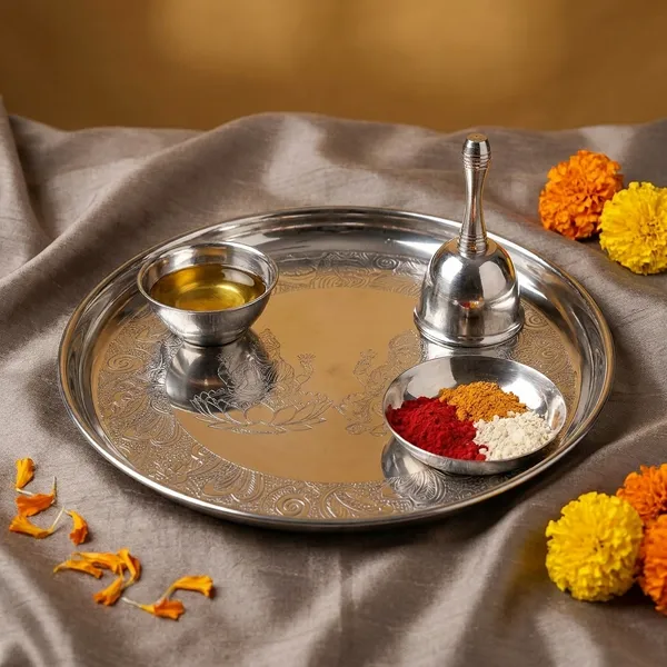 Divine_Pooja_Thali_4_Piece_Set_Stainless_Steel_Plate_Bell_Diya_&_Prasad/Roli_Plate_With_Lakshmi_Ganesha_Idols