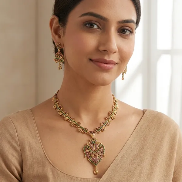 Ruby_Green_Gold_Toned_Traditional_Kundan_Necklace_Set_With_Earrings