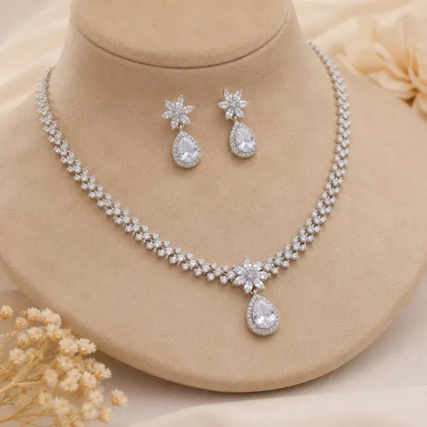Silver_Toned_American_Diamond_Stone_Necklace_Set_With_Teardrop_Pendant