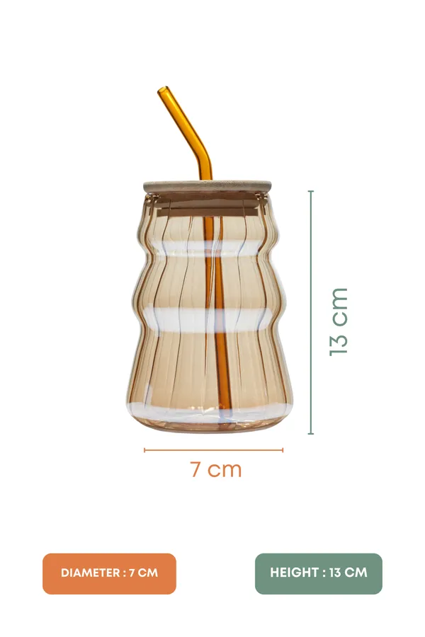 Amber_Ripple_Glass_Tumbler_With_Wooden_Lid_Glass_Straw_Set_Of_2_480Ml
