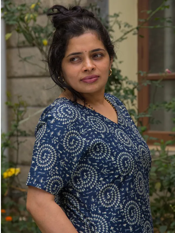 Navy_Blue_Warli_Tribal_Print_A-Line_Midi_Dress_with_Short_Sleeves
