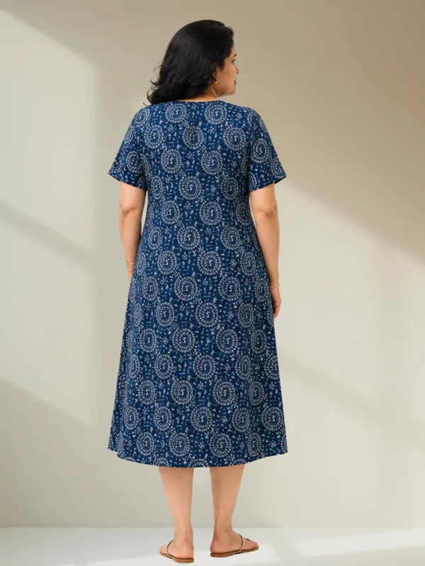Navy_Blue_Warli_Tribal_Print_A-Line_Midi_Dress_with_Short_Sleeves