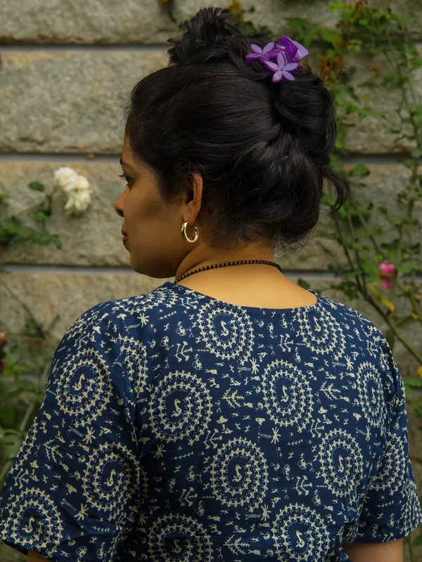 Navy_Blue_Warli_Tribal_Print_A-Line_Midi_Dress_with_Short_Sleeves