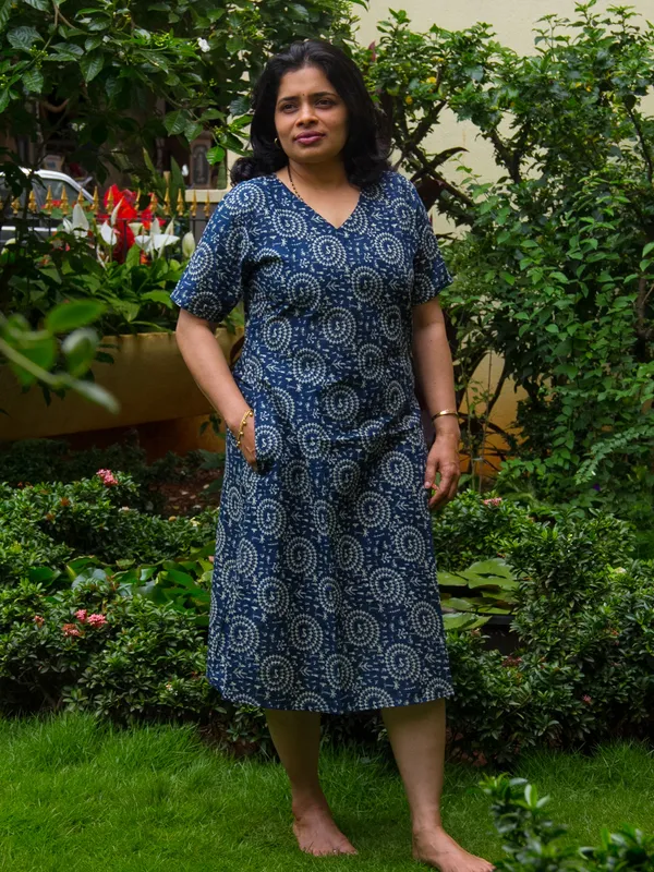 Navy_Blue_Warli_Tribal_Print_A-Line_Midi_Dress_with_Short_Sleeves