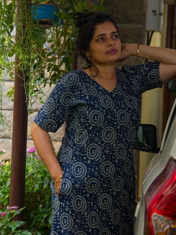 Navy_Blue_Warli_Tribal_Print_A-Line_Midi_Dress_with_Short_Sleeves