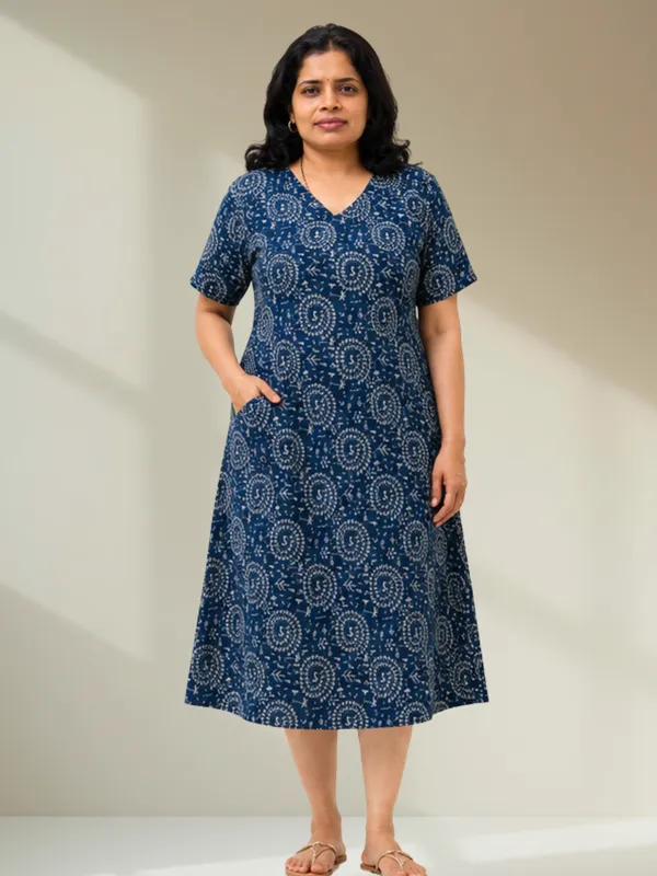 Navy_Blue_Warli_Tribal_Print_A-Line_Midi_Dress_with_Short_Sleeves