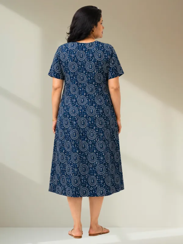 Navy_Blue_Warli_Tribal_Print_A-Line_Midi_Dress_with_Short_Sleeves