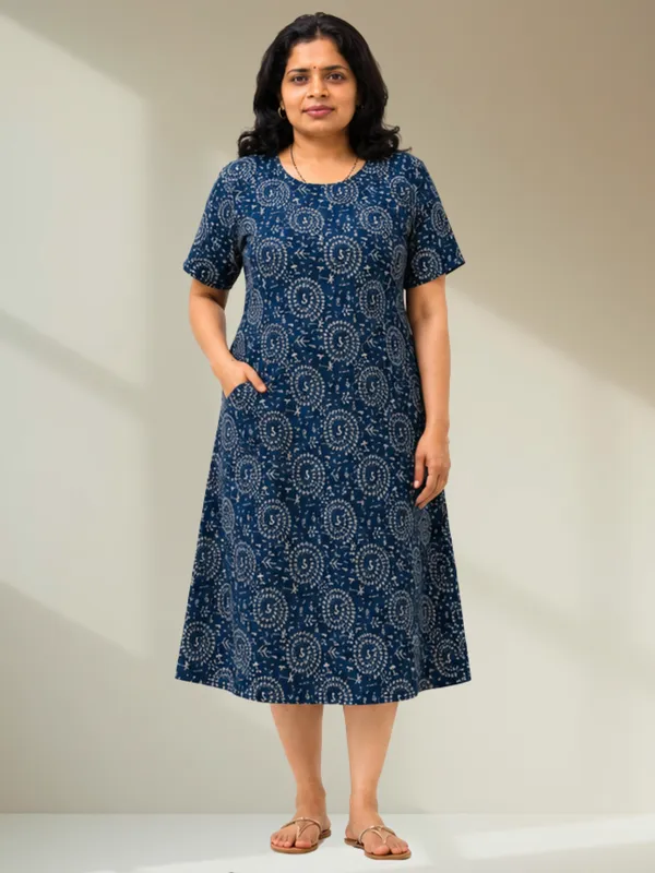 Navy_Blue_Warli_Tribal_Print_A-Line_Midi_Dress_with_Short_Sleeves