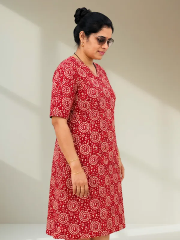 Maroon_Warli_Ethnic_Print_A-Line_Dress_with_Short_Sleeves