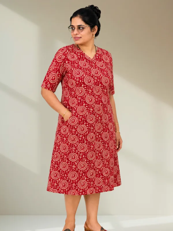Maroon_Warli_Ethnic_Print_A-Line_Dress_with_Short_Sleeves