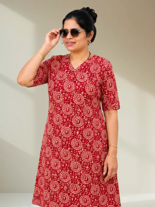 Maroon_Warli_Ethnic_Print_A-Line_Dress_with_Short_Sleeves