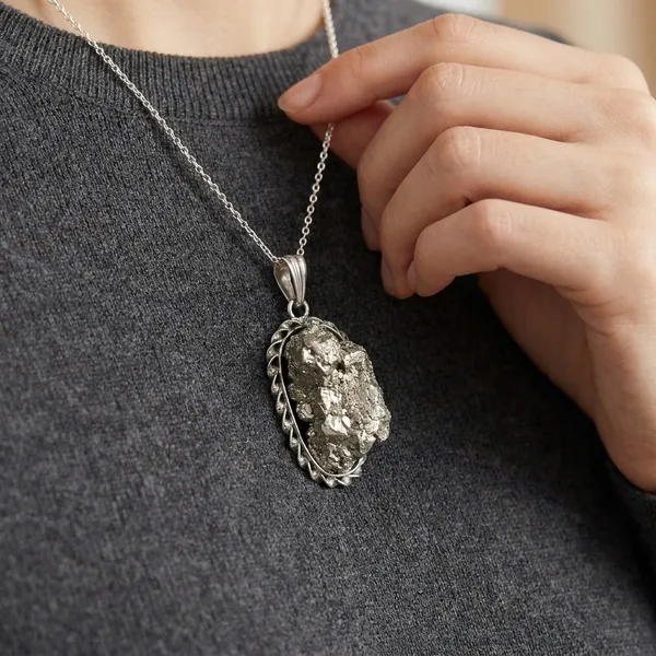 Silver_Natural_Pyrite_Crystal_Pendant_For_Unisex