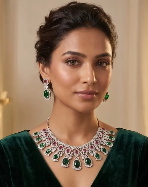 Silver_Emerald_Studded_Statement_Necklace_and_Earrings_Set_for_Women