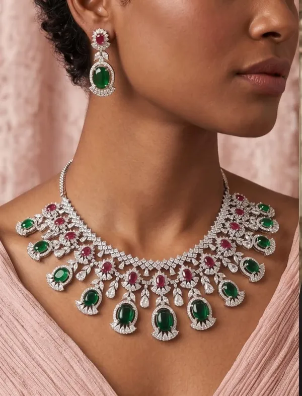 Silver_Emerald_Studded_Statement_Necklace_and_Earrings_Set_for_Women