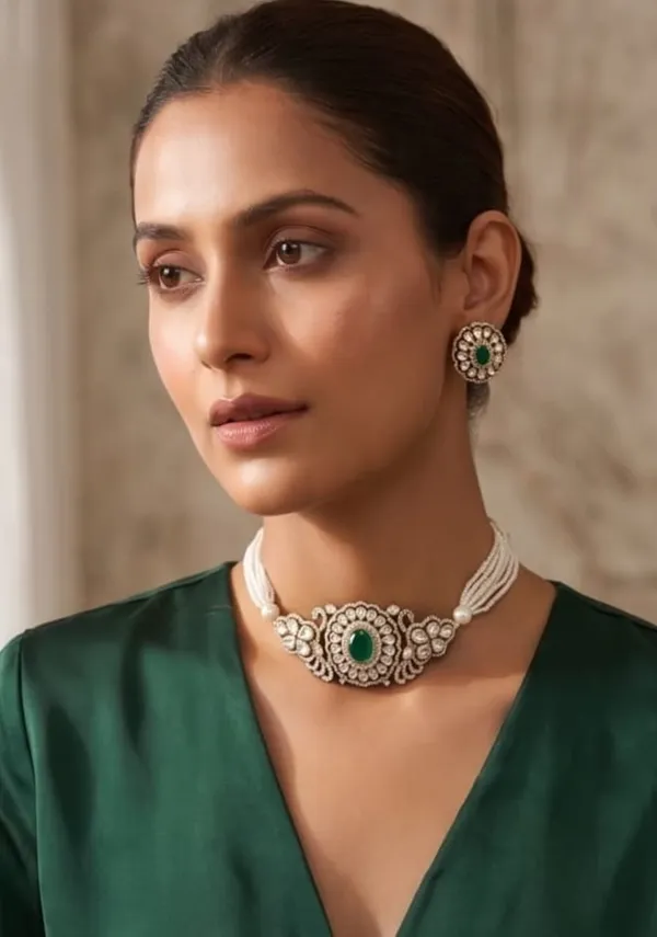 Gold_Toned_Pearl_Kundan_Emerald_Choker_Necklace_Set